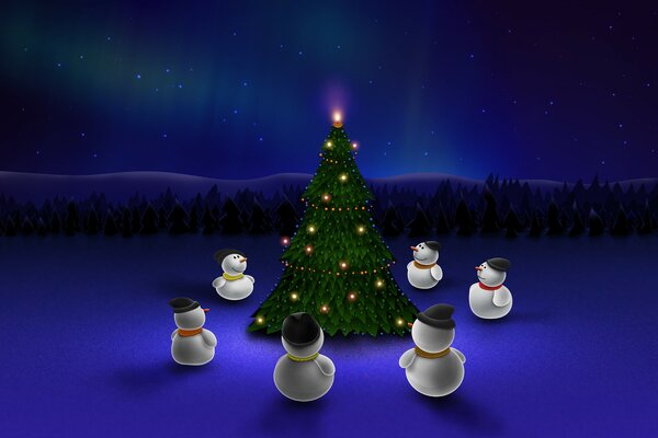 Snowmen under the Christmas tree on New Year s Eve