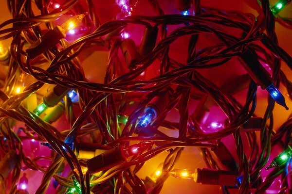 Christmas garland with colorful light bulbs