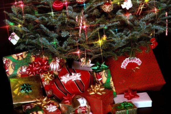Cadeaux de Noël sous un arbre de Noël tendu