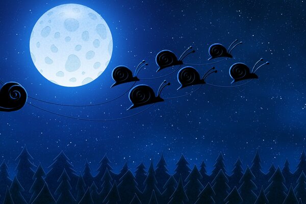 Flying snails on the background of the moon