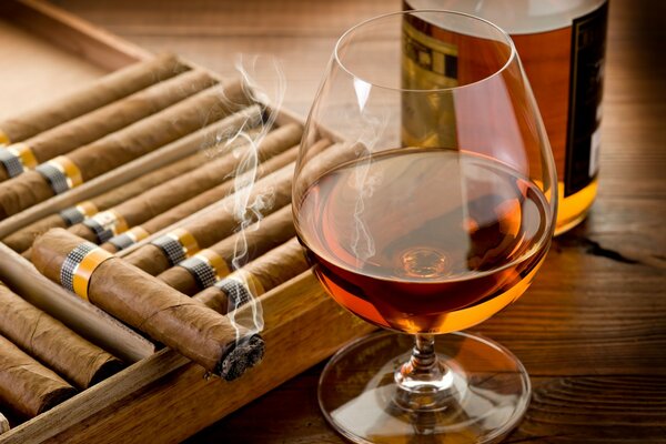 A glass of cognac and a lit cigar