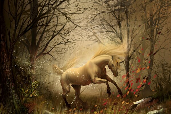 Unicorn rides in the autumn forest