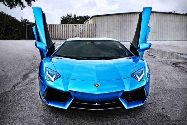 Auto Lamborghini di colore blu con porte aperte