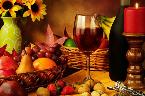 Composition d automne avec un verre de vin rouge