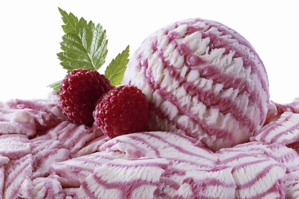 Ice cream with raspberries and mint and milk