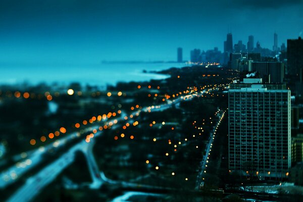 Night skyscrapers in Chicago in winter