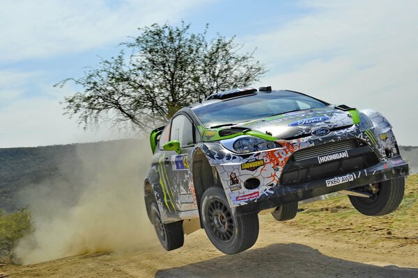 La voiture Ford du jeu de course fait le saut sur le rallye