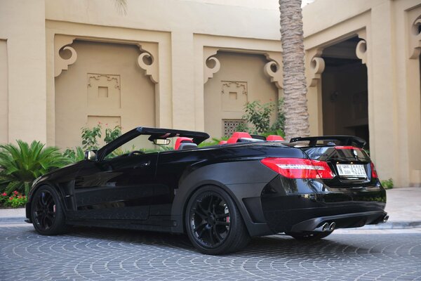 Coche de lujo negro en casa con palmeras