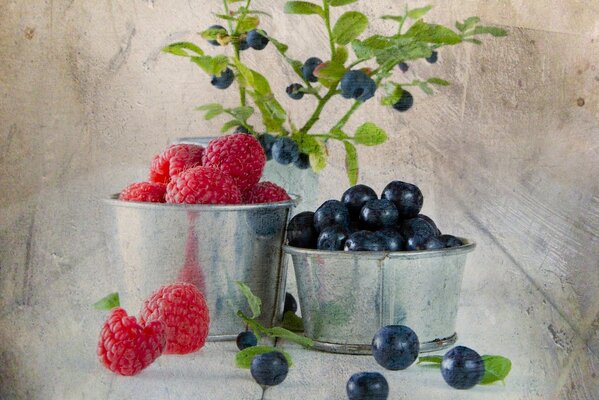 Raspberries and blueberries on a textured background