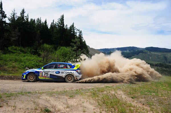 El coche de carreras supera espectacularmente la curva, dejando atrás las nubes de polvo