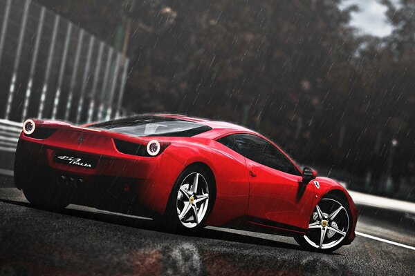 Hermoso Ferrari Rojo bajo la lluvia