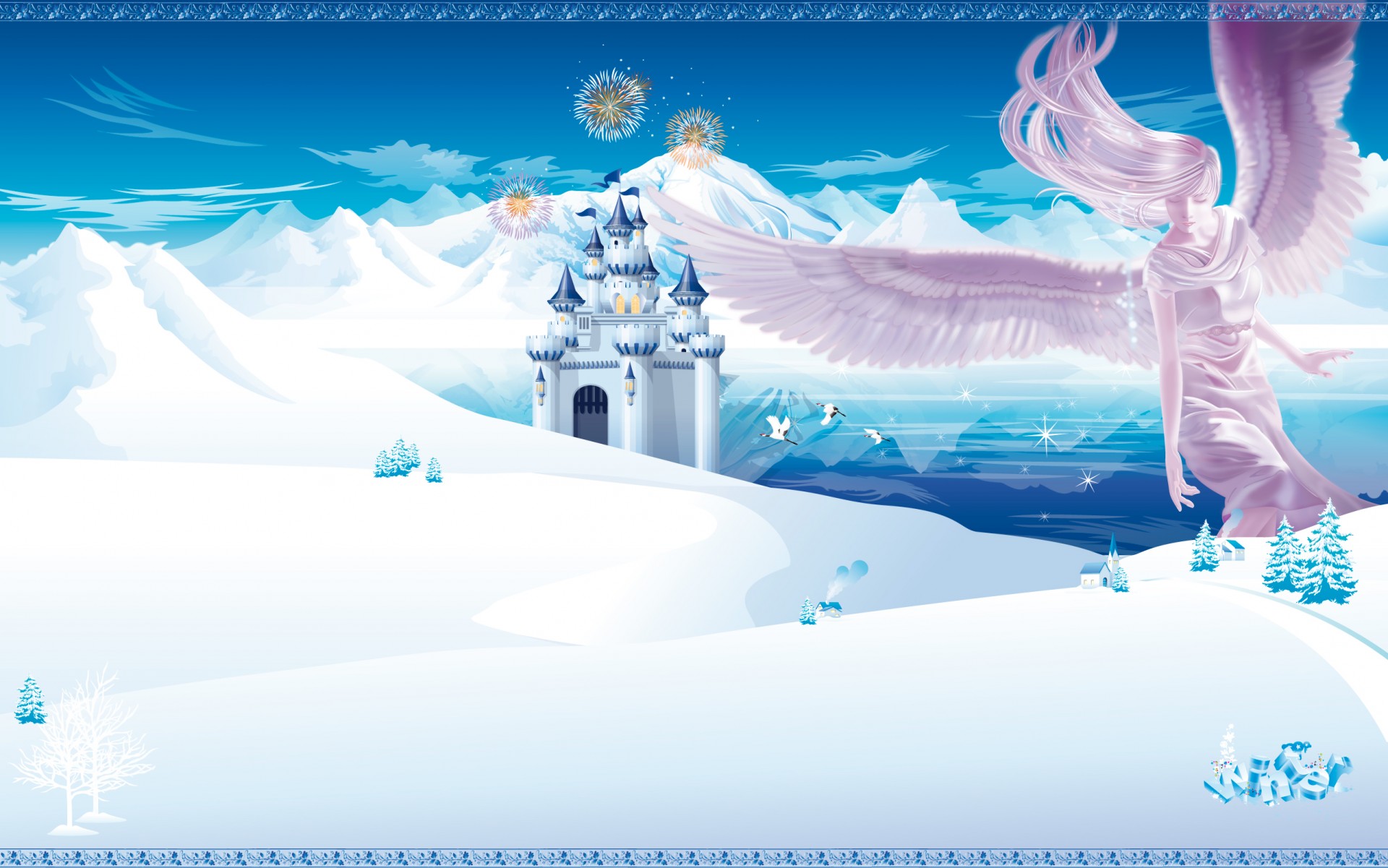 winter anime schloss berge engel