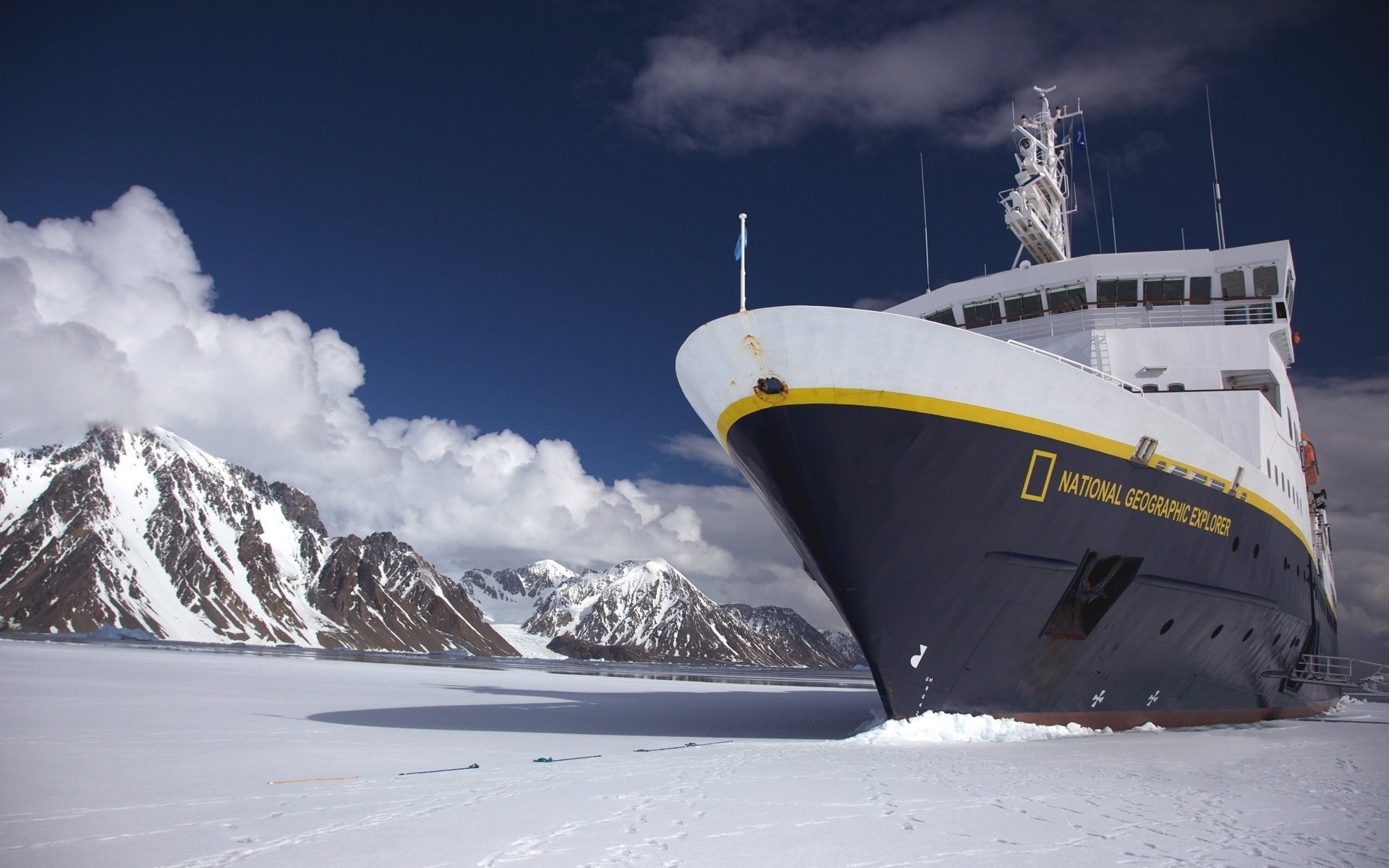 national geographic explorer expedition cruise ship ships class 1a icebreaker tank man next bridge sky mountain day