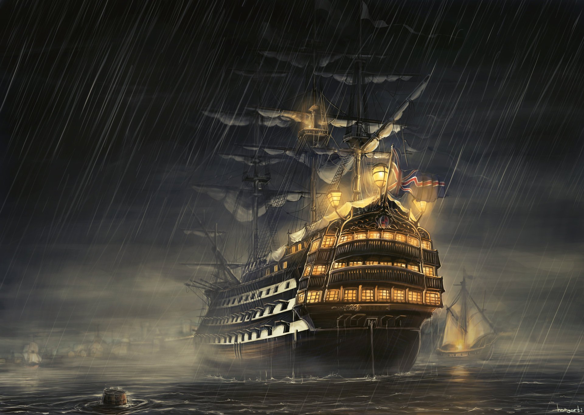 rain sailboat ship sea rain night frigate