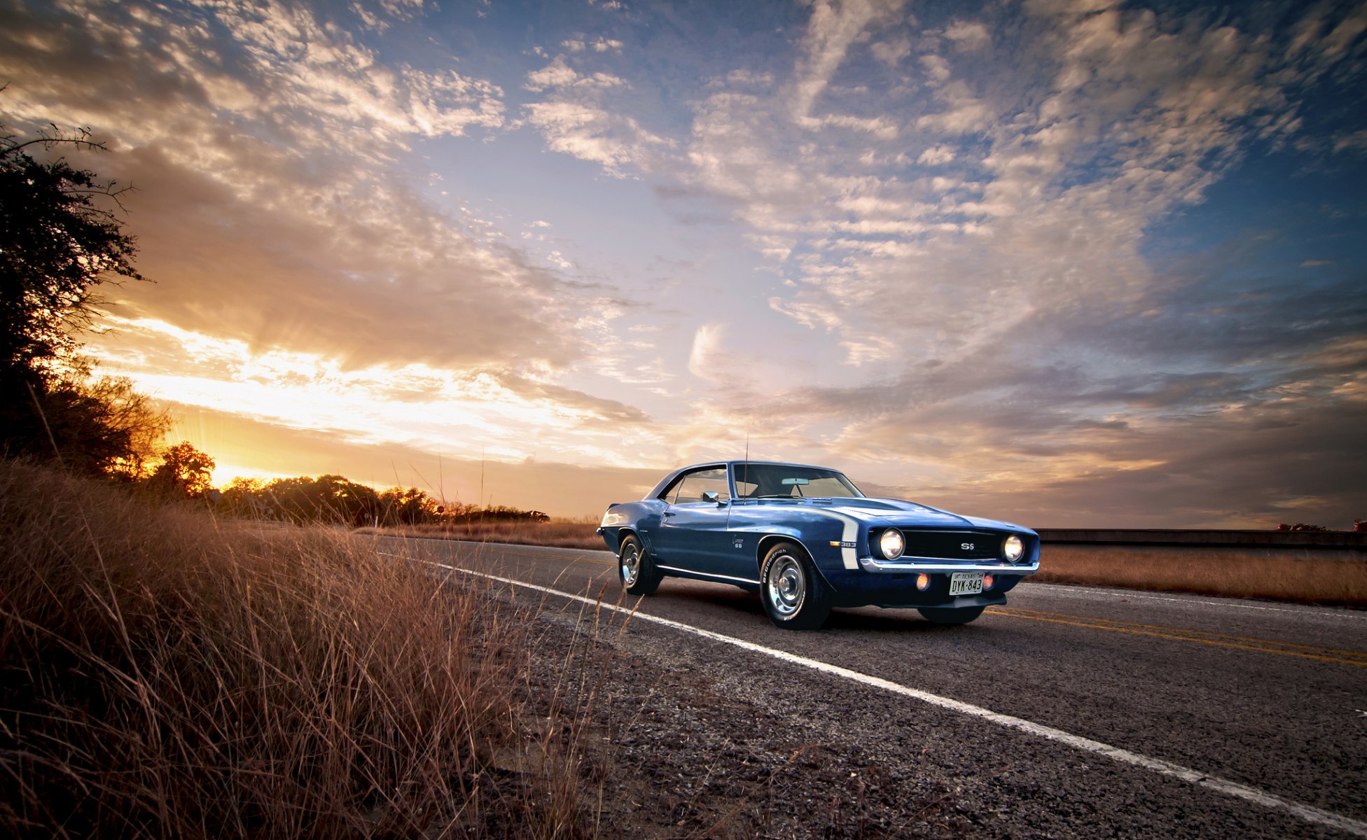 1969 camaro ss chevrolet синий классический американский muscle небо дорога