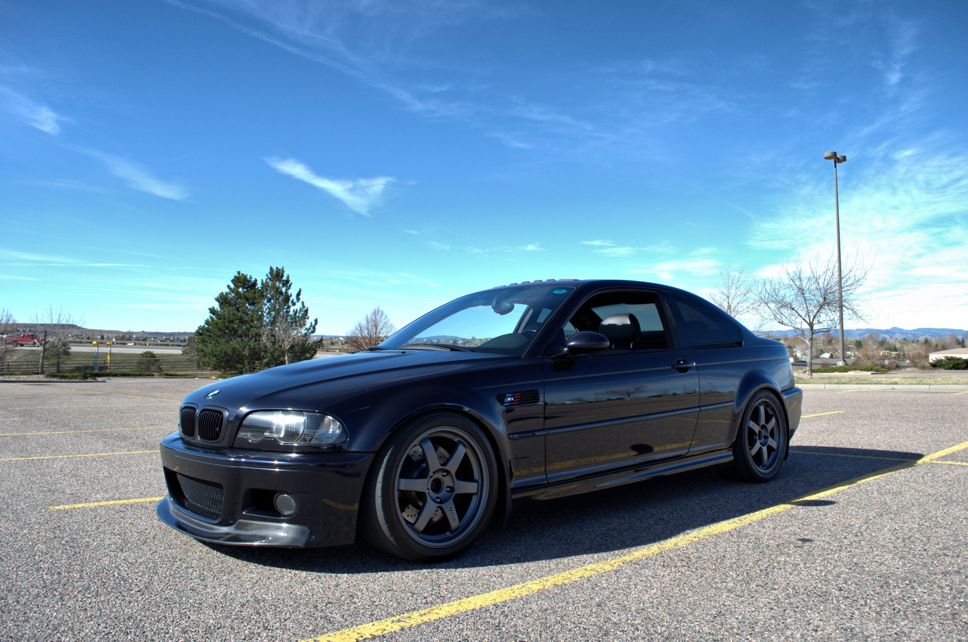 bmw m3 e46 black wheels trees coupe drives tree light sky cloud