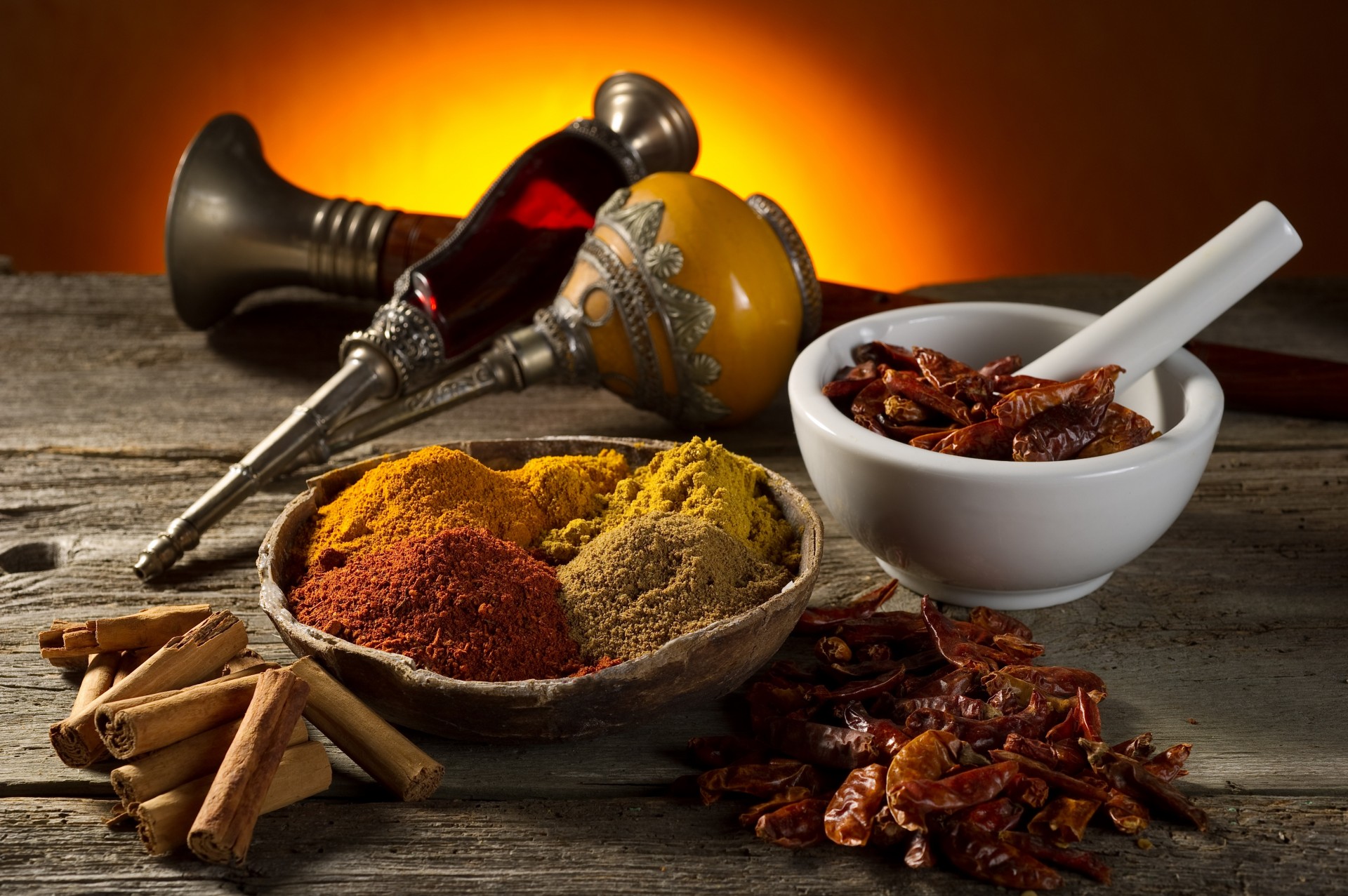 red pepper spices mortar table curry cinnamon