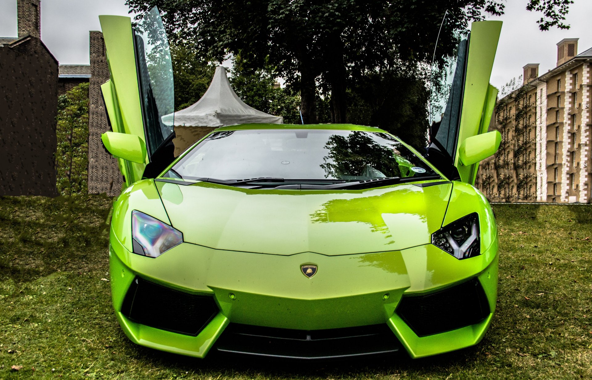 lamborghini aventador lp700-4 green lamborghini aventador front doors guillotine reflection tree