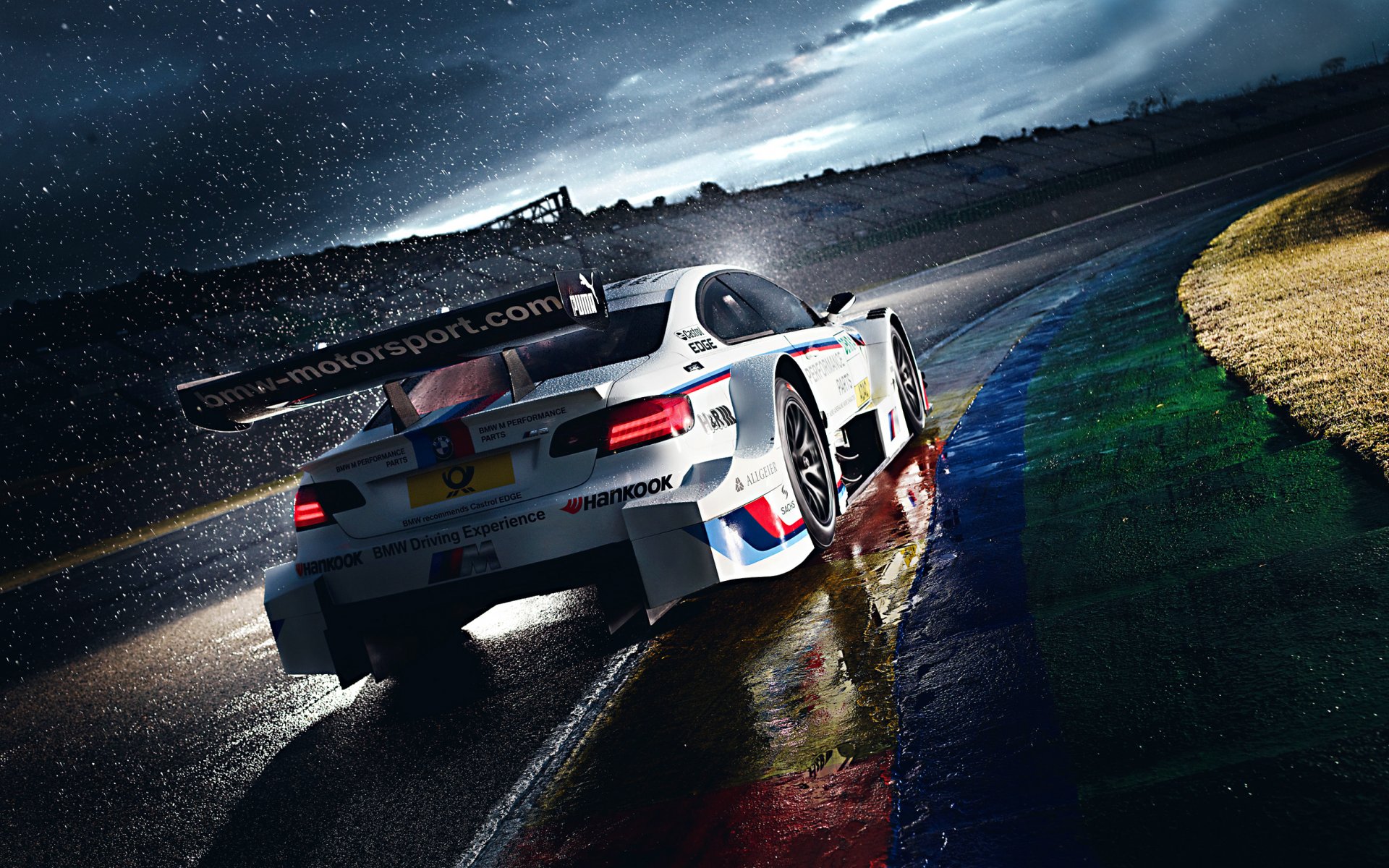 bmw m3 dtm m power competition racing track white morning rain