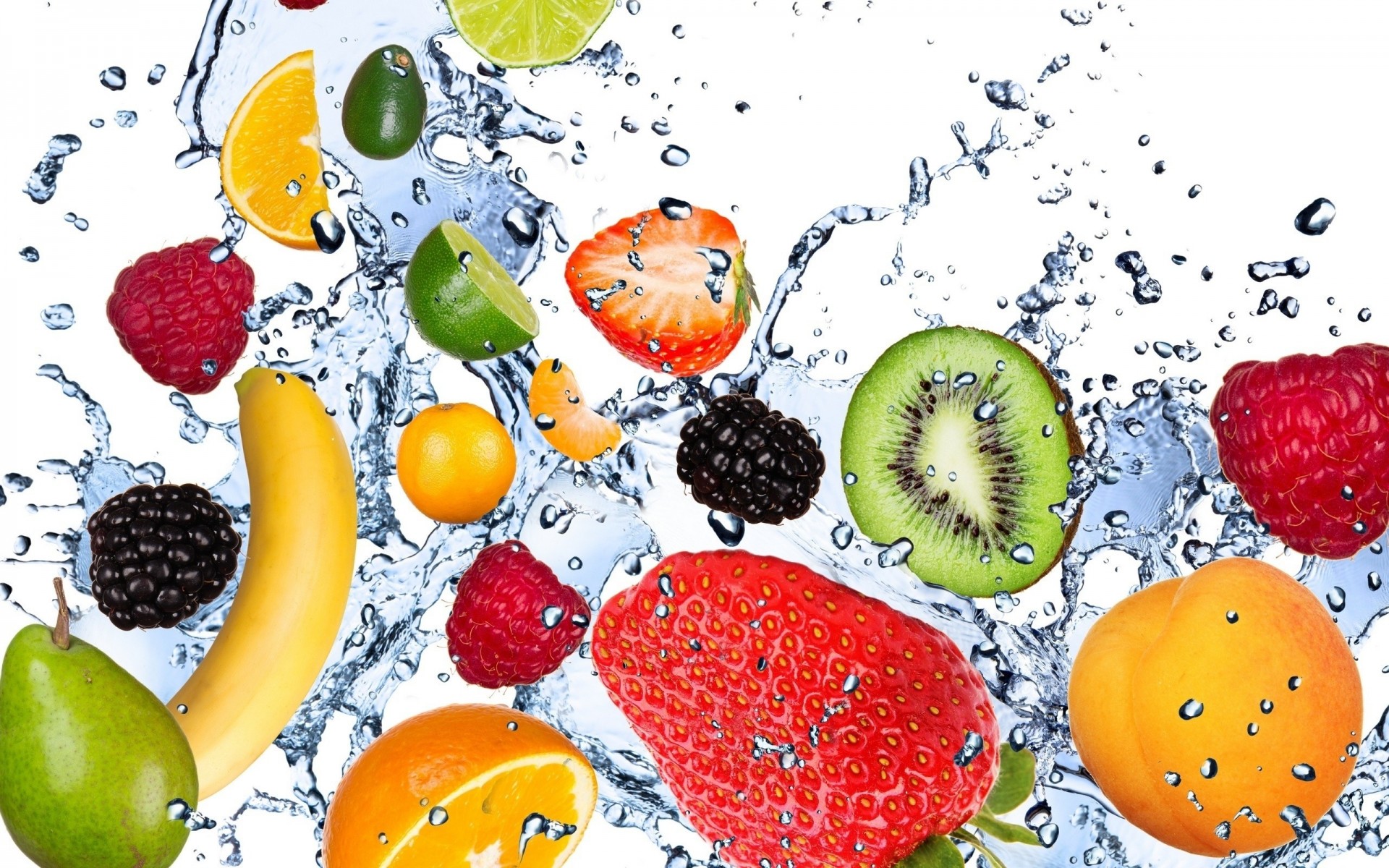 apricot blackberry raspberry fruits kiwi water bananas strawberry lima white background avocado