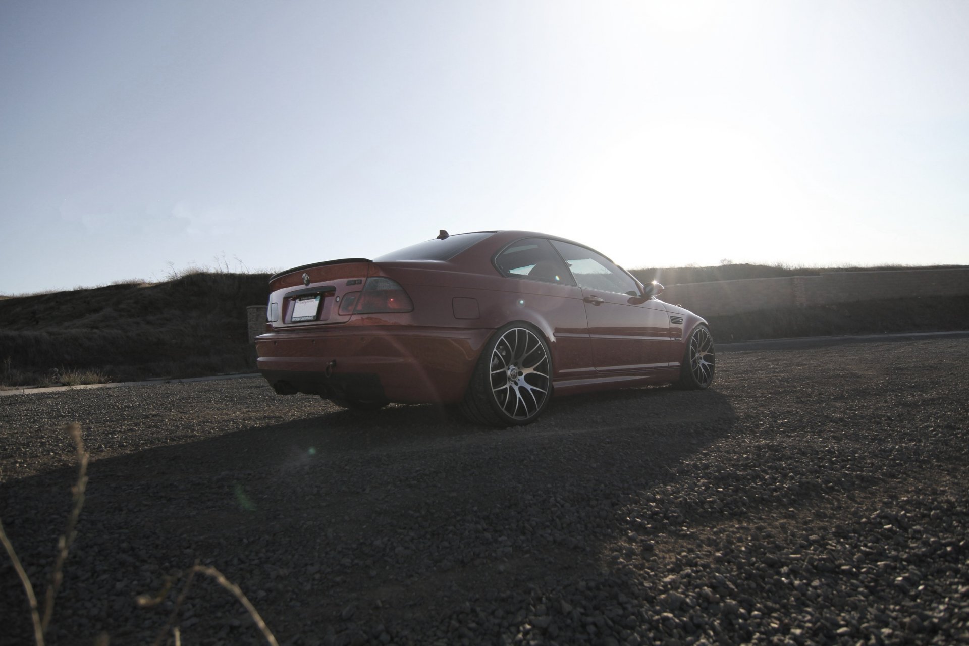 bmw m3 e46 red bmw red rear view rims gravel shade