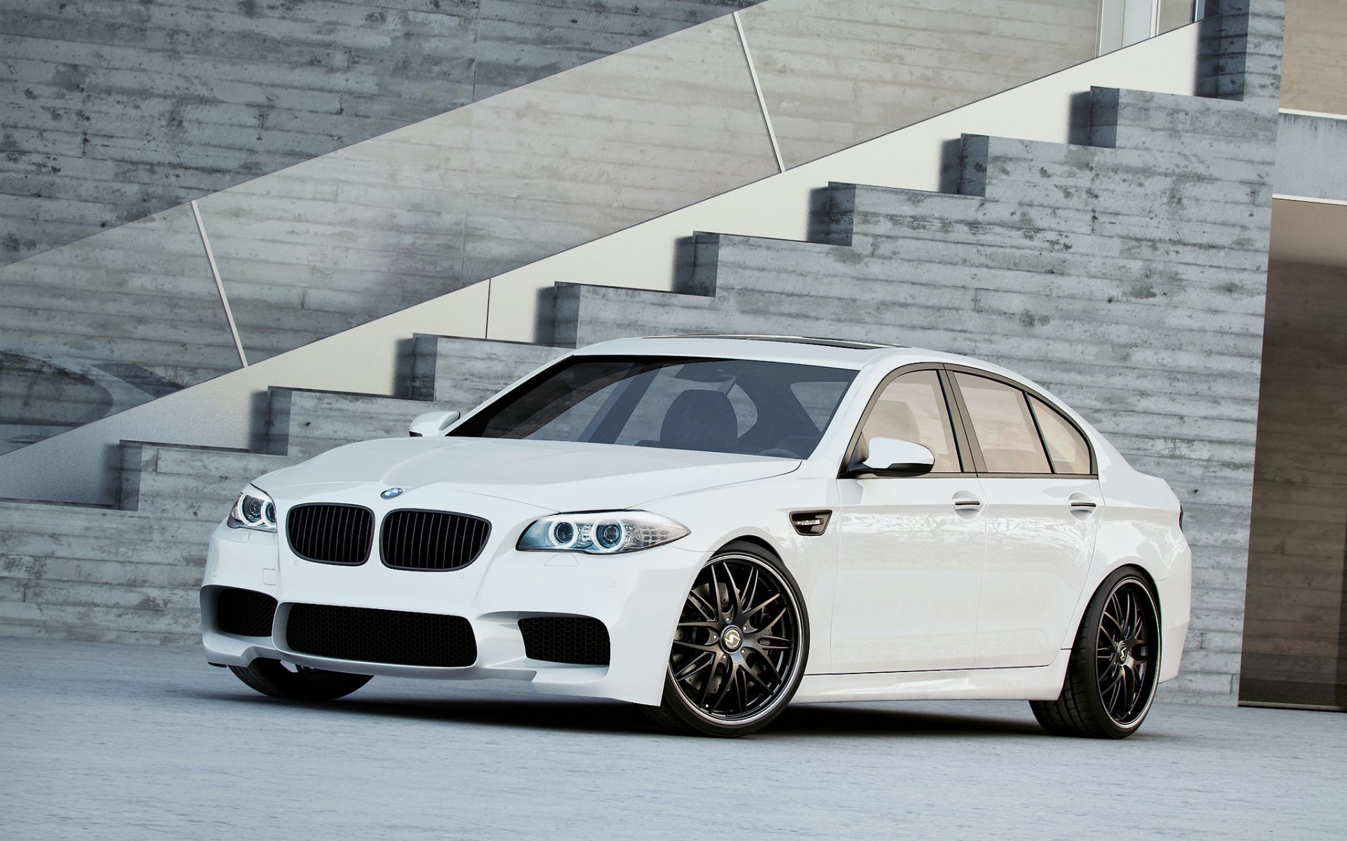 bmw m5 f10 blanco negro ruedas bmw luz del día vista lateral escalera llantas negras