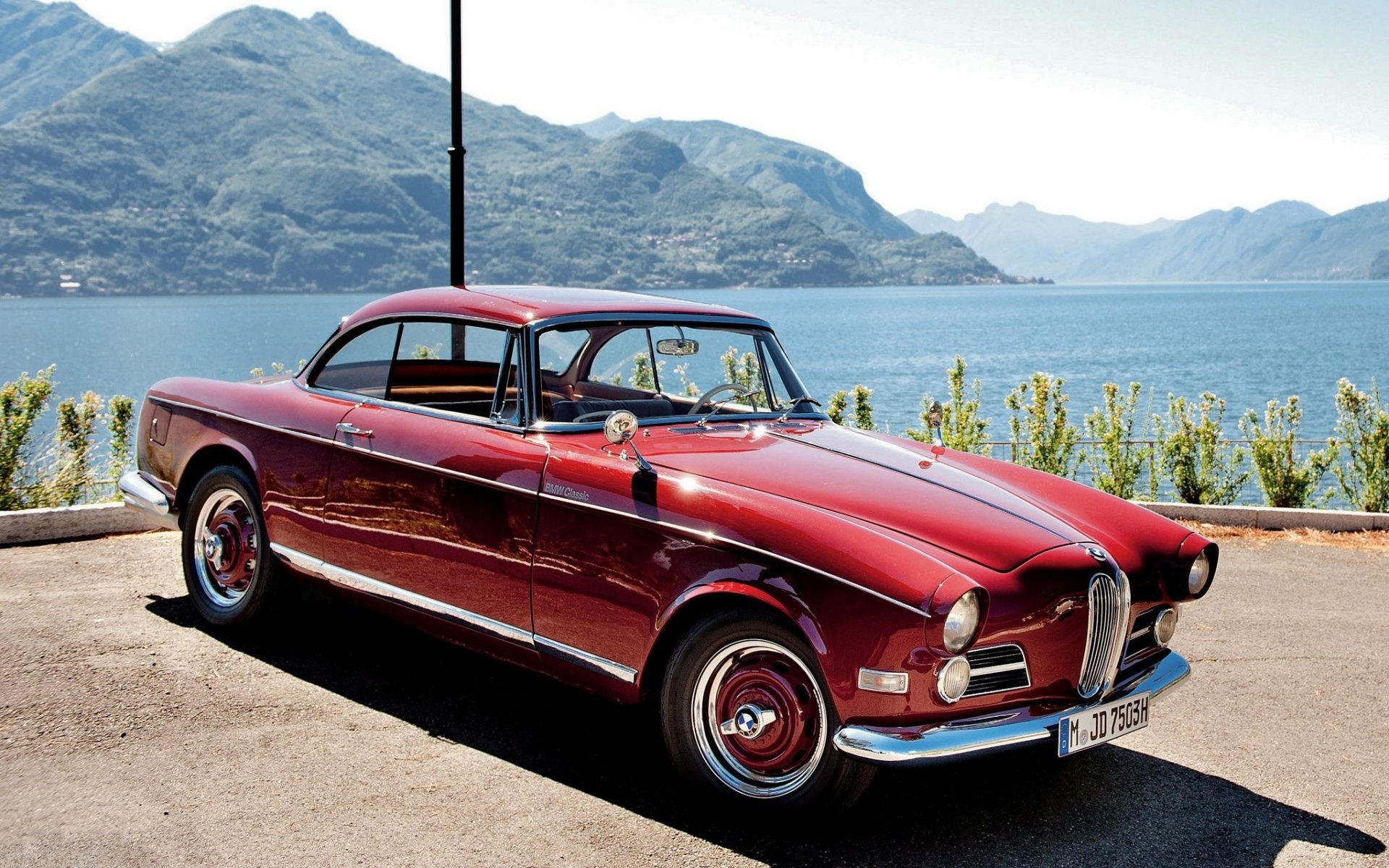 bmw coupe 1956 bmw red front classic water mountains sky