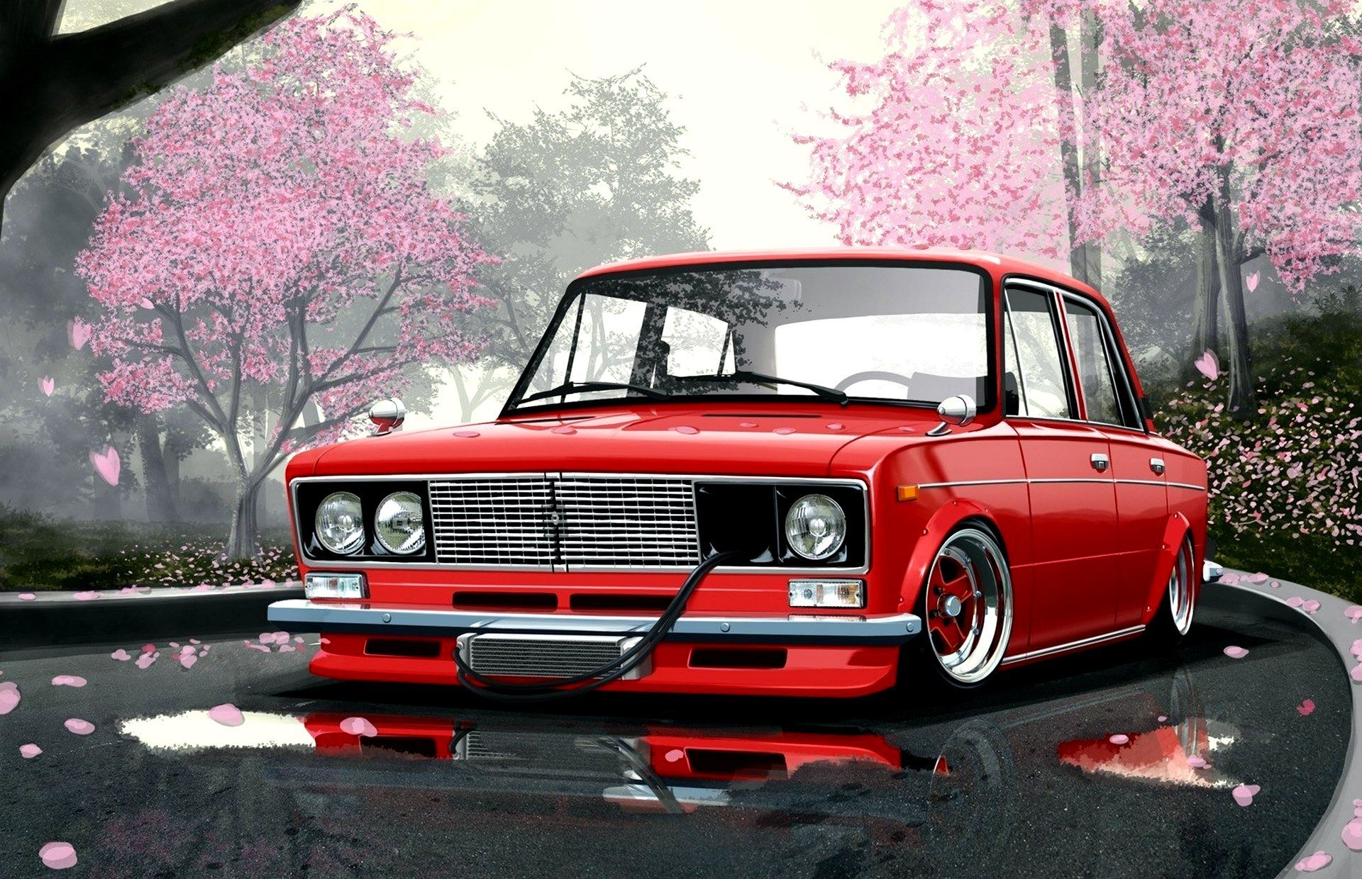 coche papel pintado arte jarrones japón estilo sakura carreteras rojo papel pintado rojo japonés carretera charcos frente dibujo arte