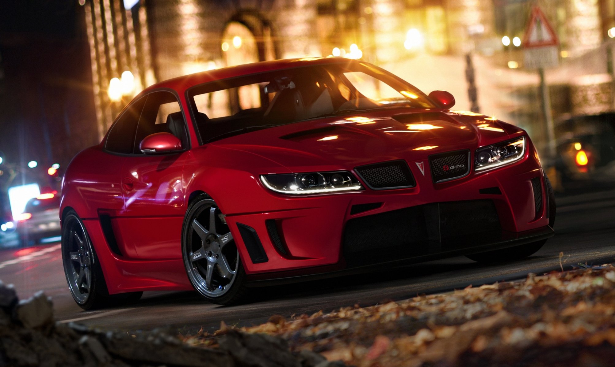 pontiac gto ciudad noche coche rojo luces