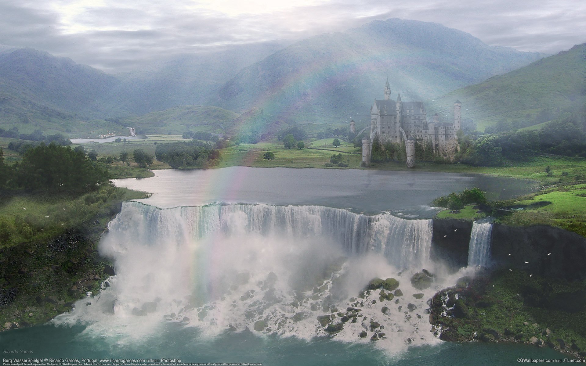 ricardo garces schloss tal landschaft wasserfall regenbogen