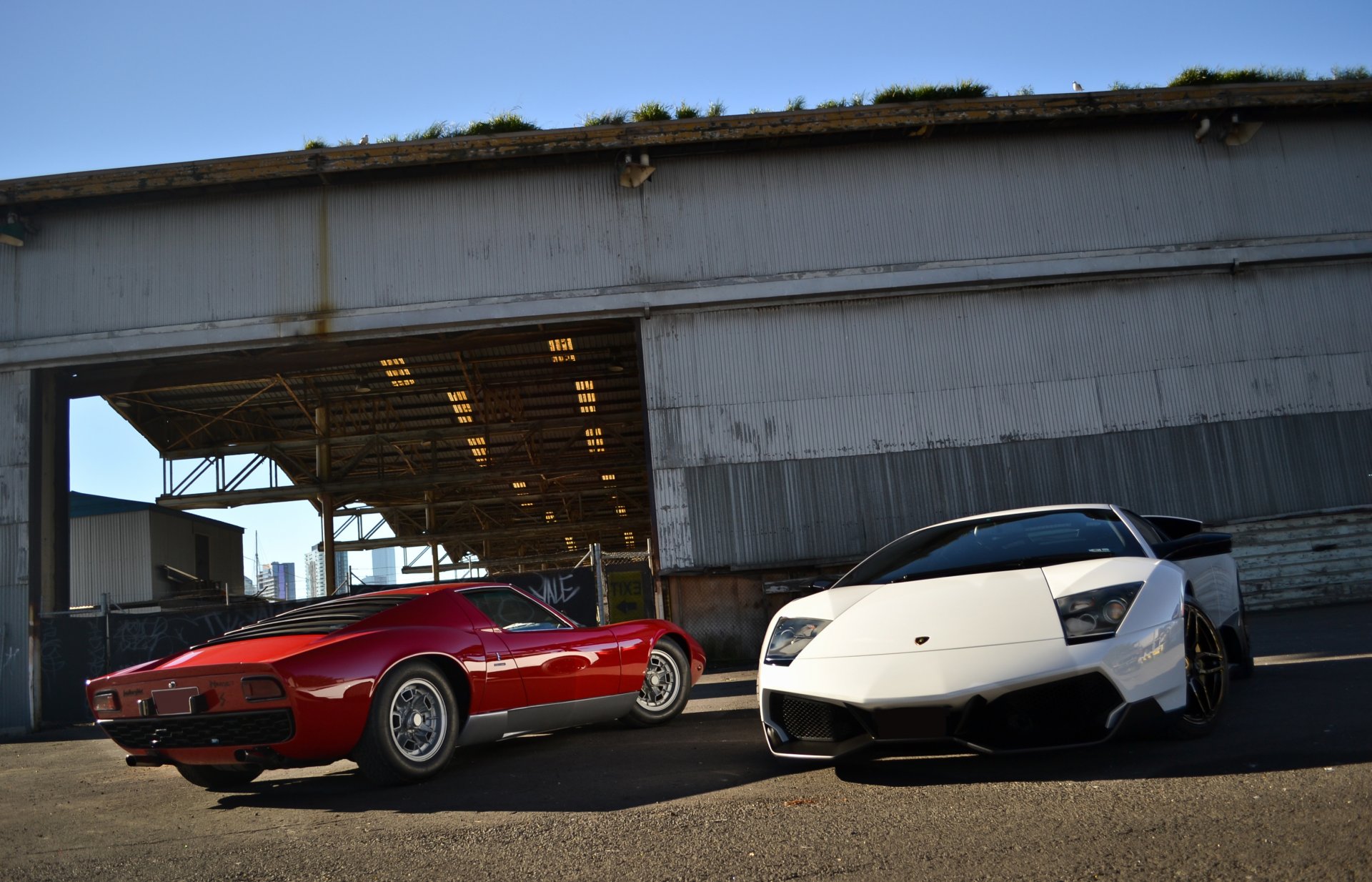 lamborghini murcielago lp670-4 sv blanco miura rojos lamborghini mursielago vista frontal rojo vista trasera edificio