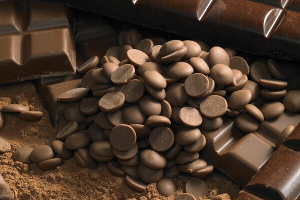 A scattering of chocolate on cocoa, slices and tiles