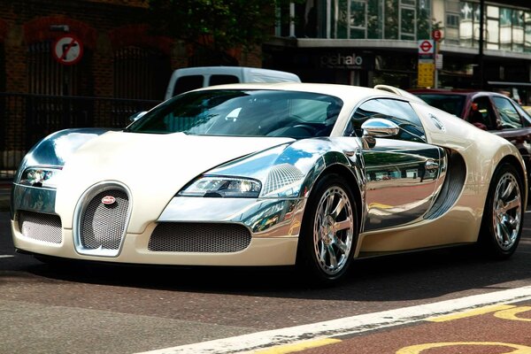 Bugatti veyron on the morning road in the city