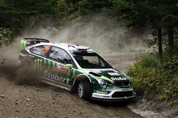 A sports car rides in the dust