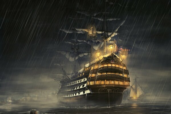 A mysterious ship on a rainy night