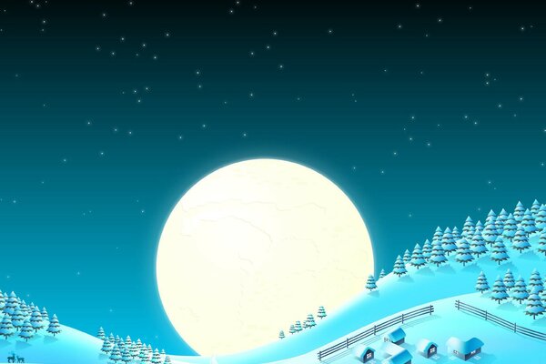 Ein Dorf im Schnee auf dem Hintergrund eines riesigen Mondes
