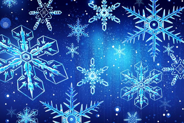 Winter pattern, snowflakes of different sizes and shapes on a blue background