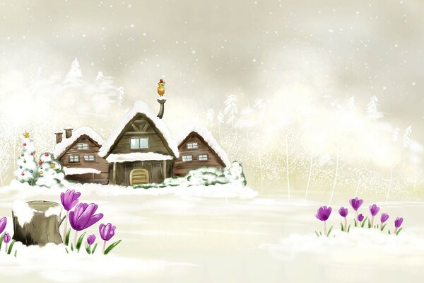 Zimowy krajobraz, samotne domki, pole z porośniętymi śniegiem przebiśniegami