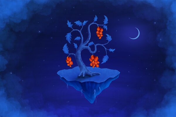 Un árbol con regalos en una isla flotando en el aire contra el cielo nocturno con la Luna