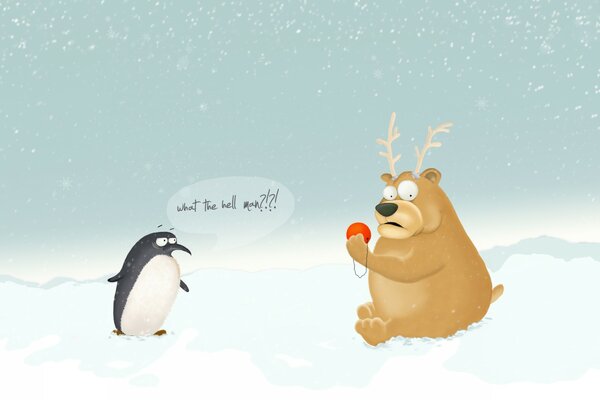 Penguin and bear with deer antlers