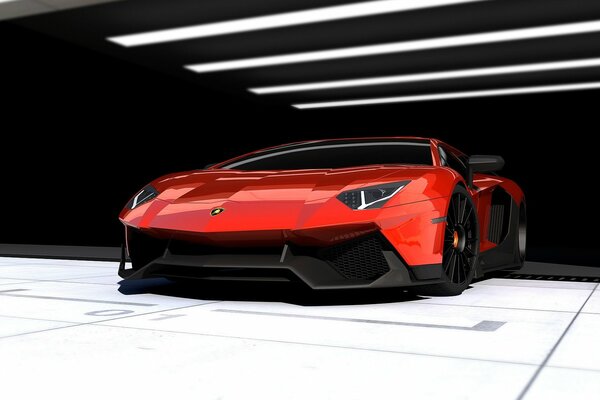 Lamborghini rouge dans le garage avec la lumière