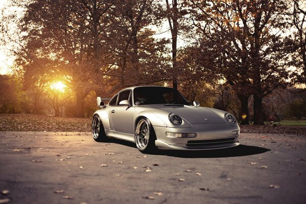 Porsche plateado, en el fondo de la belleza natural con el sol brillante