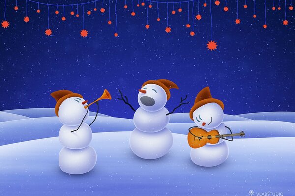 Bonhommes de neige du nouvel an chantent et jouent des instruments de musique sur fond de ciel bleu