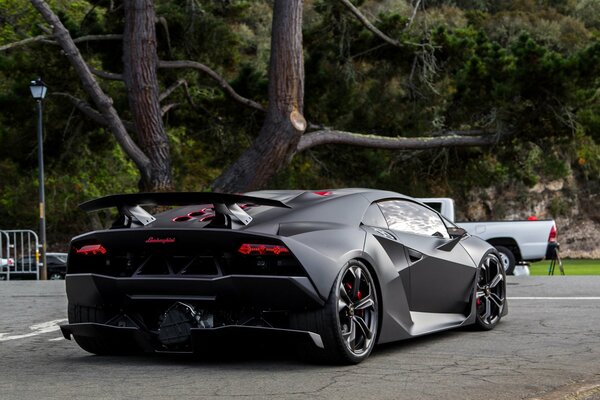 Matte black lamborghini in the parking lot