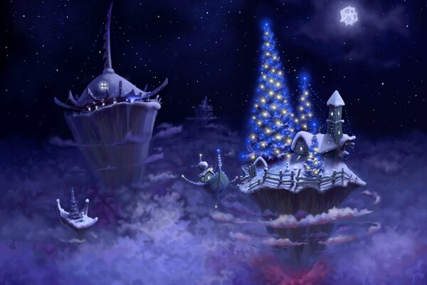 Albero di Natale con ghirlande blu e gialle e una casa su isole rocciose tra le nuvole in stile fantasy