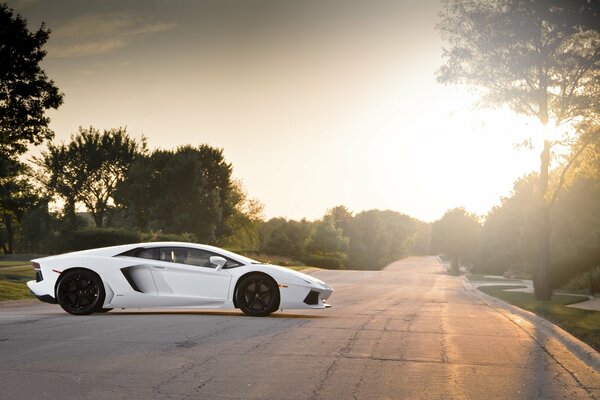 Weißer Lamborghini aventador lp700-4 mit schwarzen Scheiben an der Straße bei Sonnenuntergang