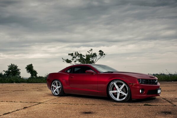 Red Chevrolet Camaro on a vacant lot