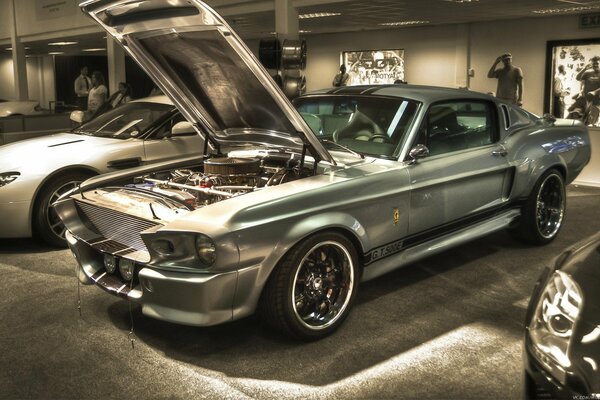 Silberner Mustang mit geöffneter Motorhaube