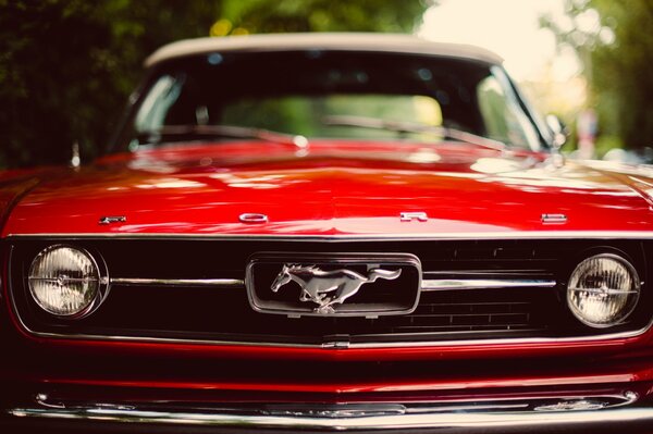 Red classic Ford Mustang in front