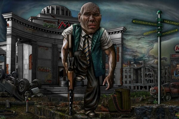 Caricaturizado Nikolai Valuev en el contexto de las ruinas de Moscú